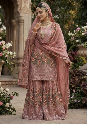 Peach Thread Work Silk Kurta Set