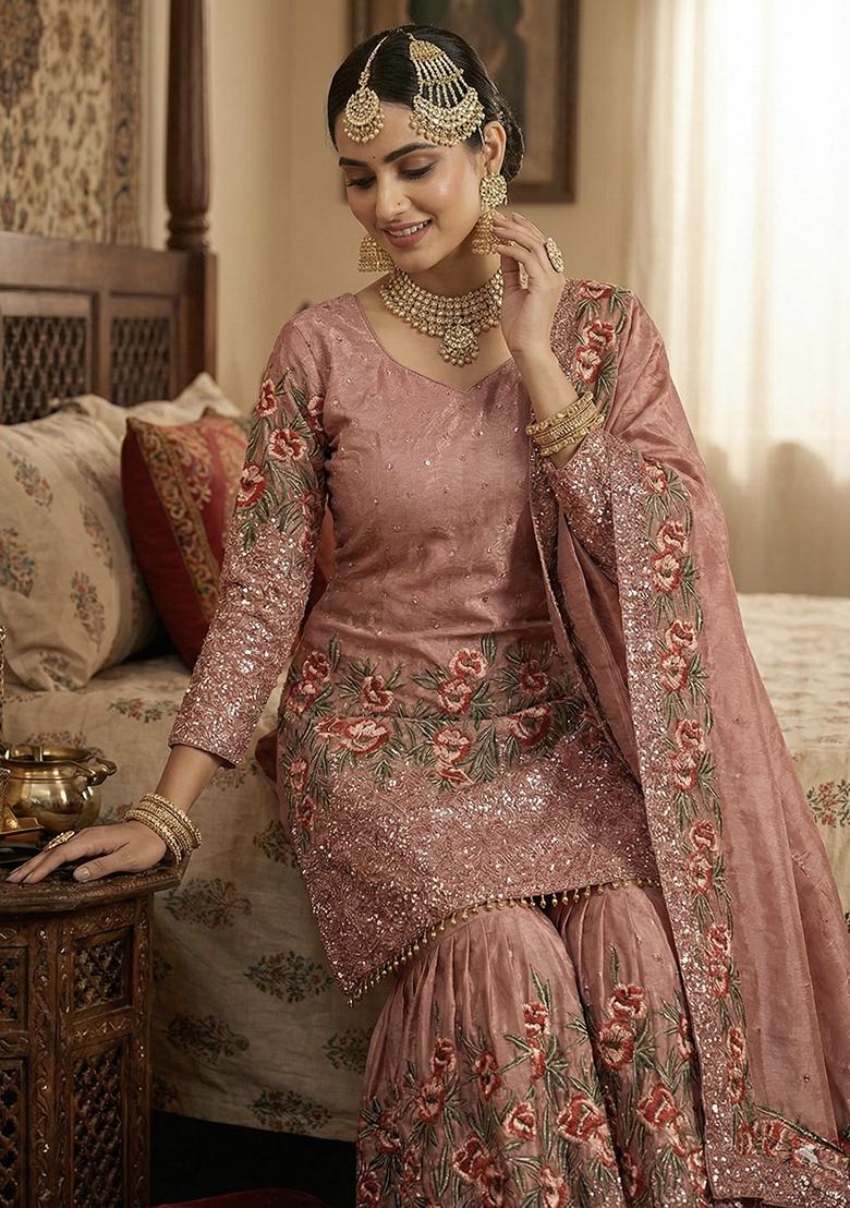 Peach Thread Work Silk Kurta Set - Indya