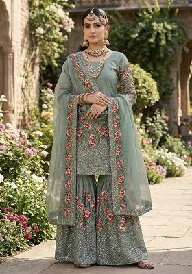 Teal Thread Work Silk Kurta Set