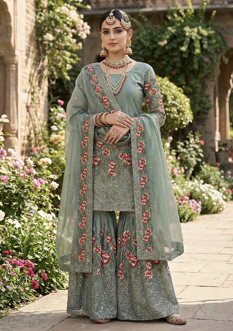 Teal Thread Work Silk Kurta Set - Indya