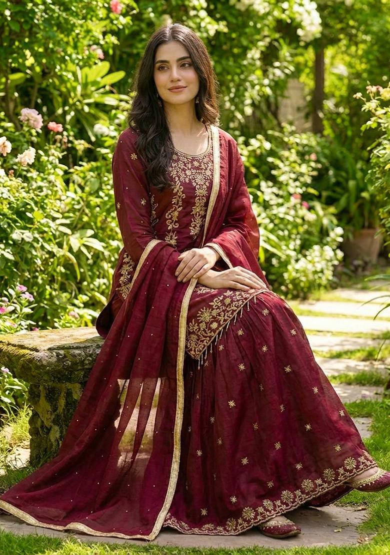 Maroon Thread Work Silk Kurta Set - Indya