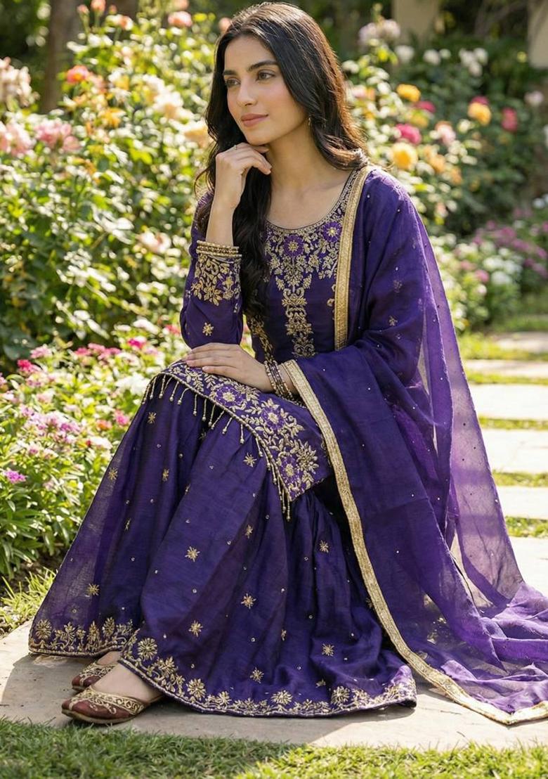 Purple Thread Work Silk Kurta Set - Indya