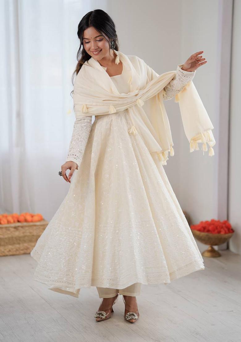Cream Thread Work Cotton Kurta Set - Indya