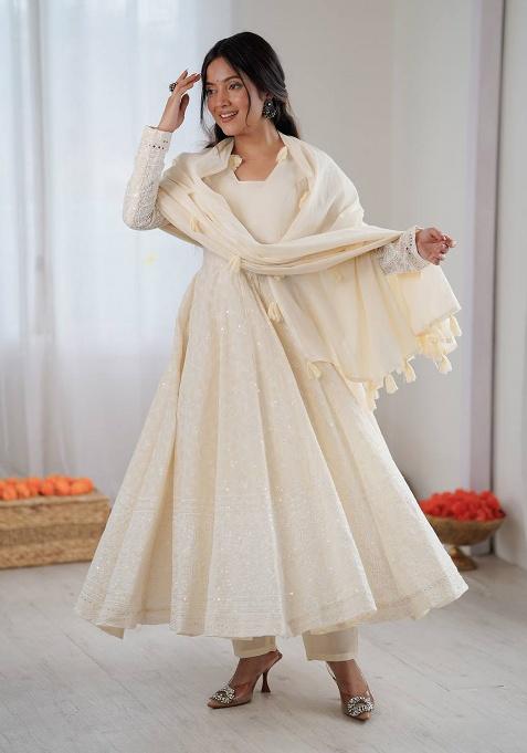 Cream Thread Work Cotton Kurta Set