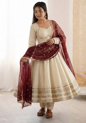 Cream Thread Work Gold Crush Kurta Set