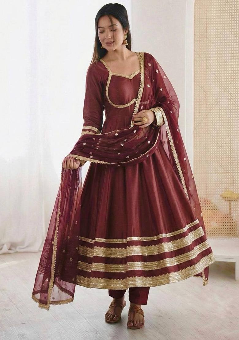 Maroon Thread Work Gold Crush Kurta Set - Indya