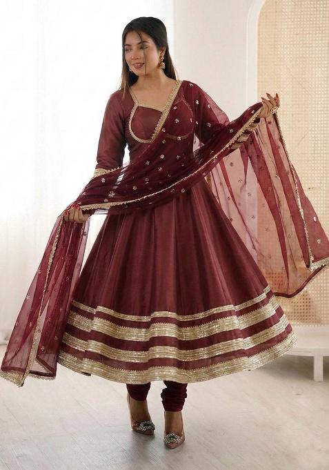 Maroon Thread Work Gold Crush Kurta Set