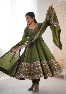 Green Thread Work Silk Kurta Set