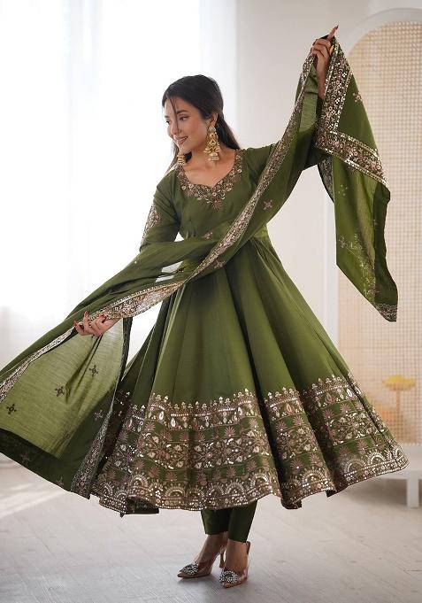 Green Thread Work Silk Kurta Set