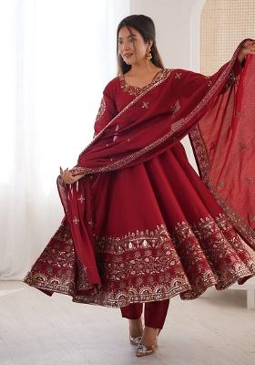 Maroon Thread Work Silk Kurta Set
