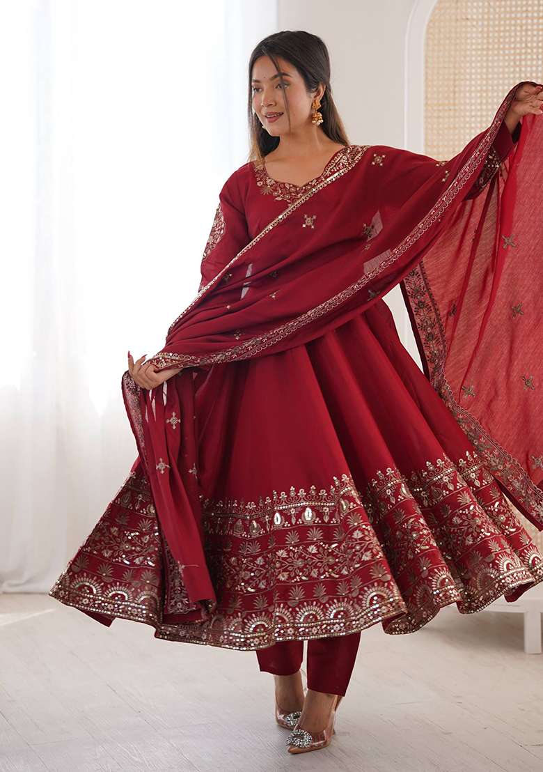 Maroon Embroidered Silk Blend Anarkali Set - Indya