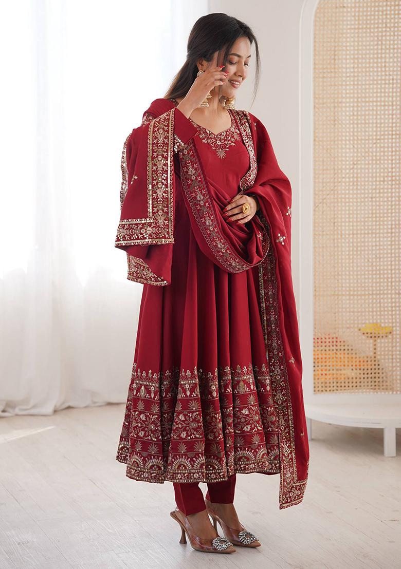 Maroon Thread Work Silk Kurta Set - Indya