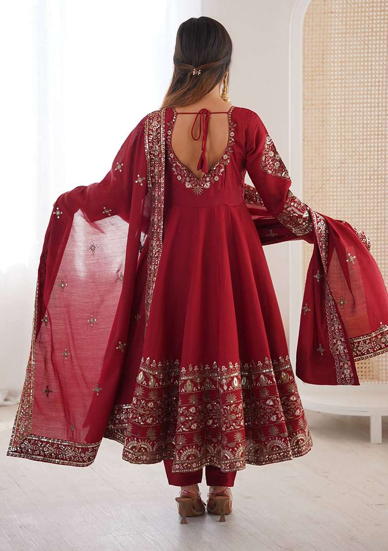 Maroon Embroidered Silk Blend Anarkali Set - Indya