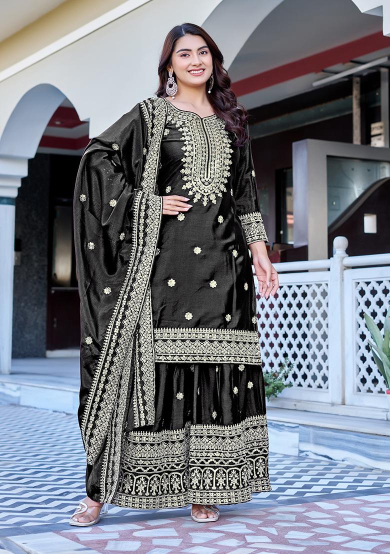 Black Thread Work Chinon Kurta Set - Indya