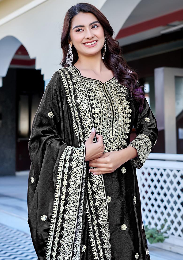 Black Thread Work Chinon Kurta Set - Indya