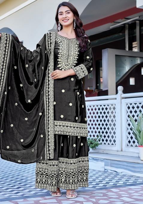 Black Thread Work Chinon Kurta Set