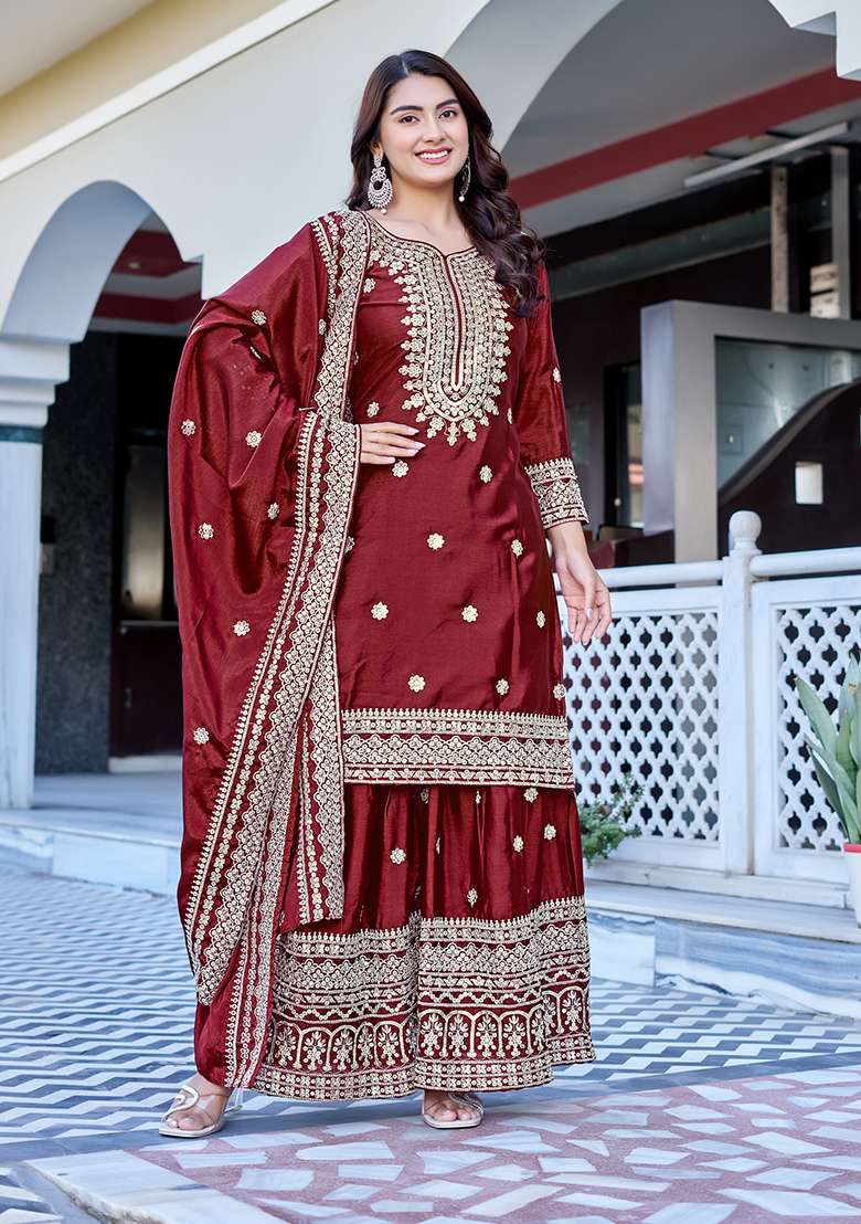 Maroon Embroidered Chinon Sharara Set - Indya