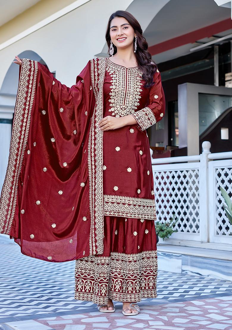 Maroon Thread Work Chinon Kurta Set - Indya