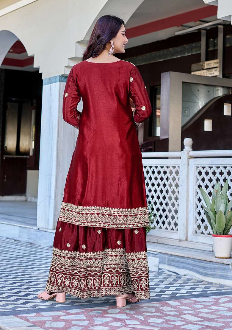 Maroon Embroidered Chinon Sharara Set - Indya