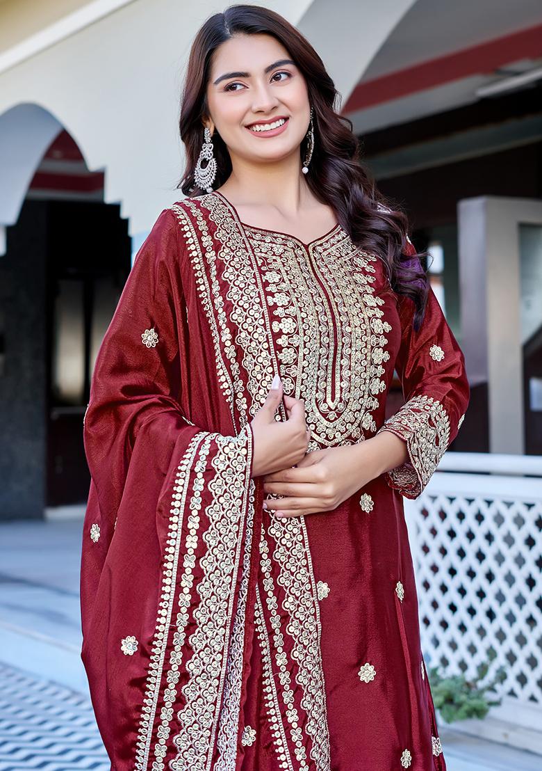 Maroon Thread Work Chinon Kurta Set - Indya