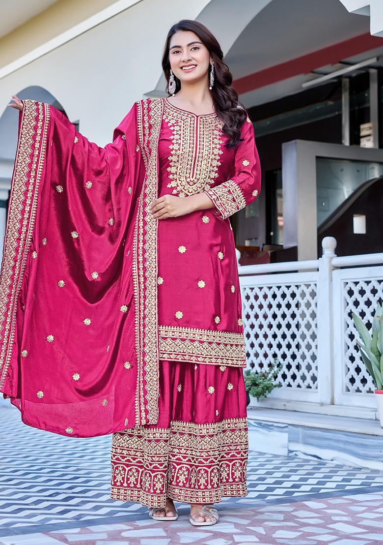 Pink Thread Work Chinon Kurta Set - Indya