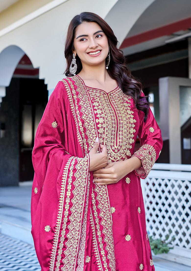 Pink Thread Work Chinon Kurta Set - Indya