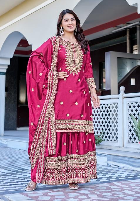 Pink Thread Work Chinon Kurta Set