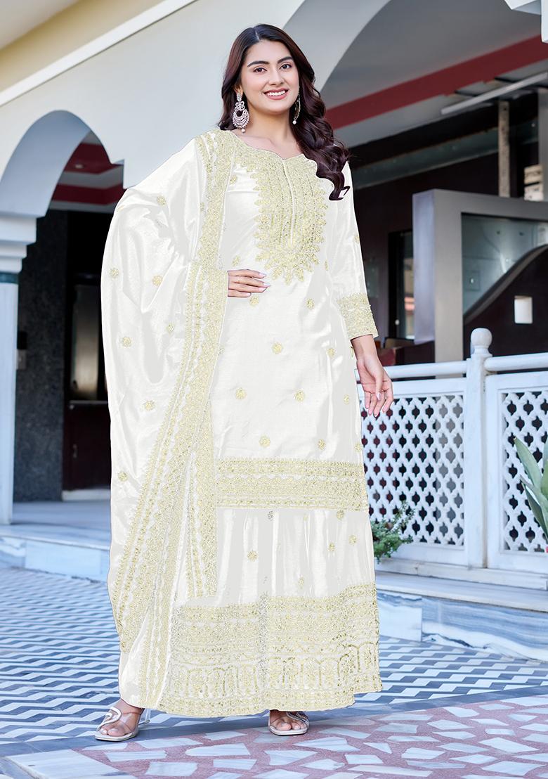 White Thread Work Chinon Kurta Set - Indya