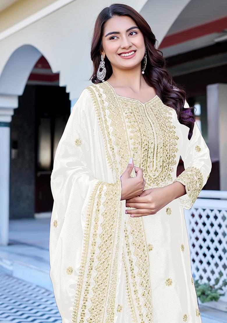 White Thread Work Chinon Kurta Set - Indya