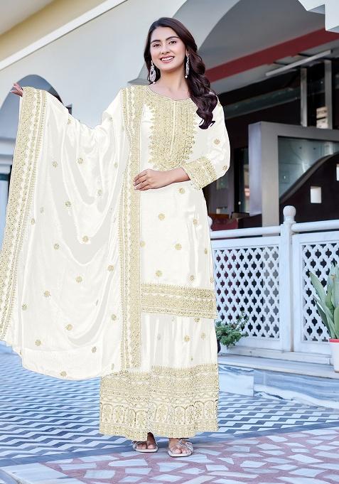 White Thread Work Chinon Kurta Set