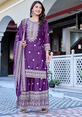 Wine Thread Work Chinon Kurta Set