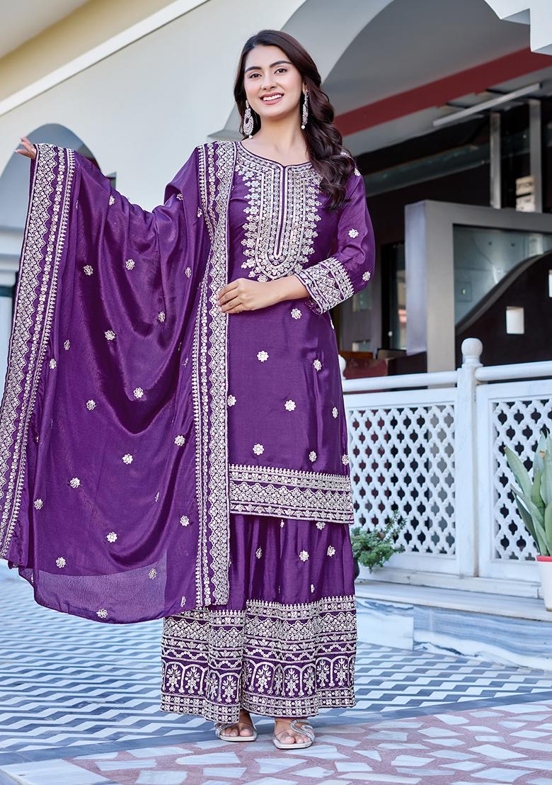 Wine Thread Work Chinon Kurta Set - Indya