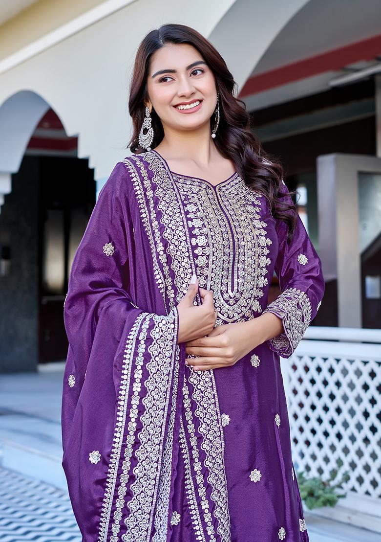 Wine Thread Work Chinon Kurta Set - Indya
