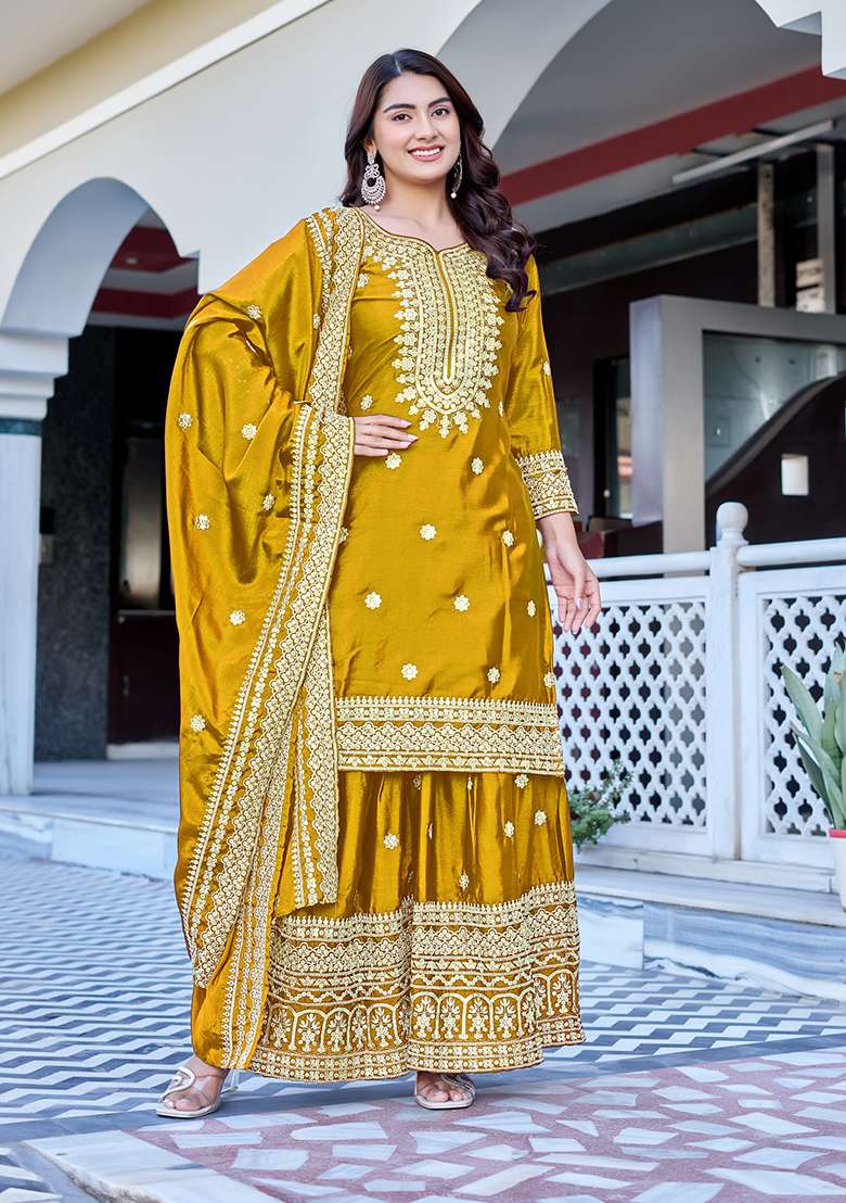 Yellow Embroidered Chinon Sharara Set - Indya