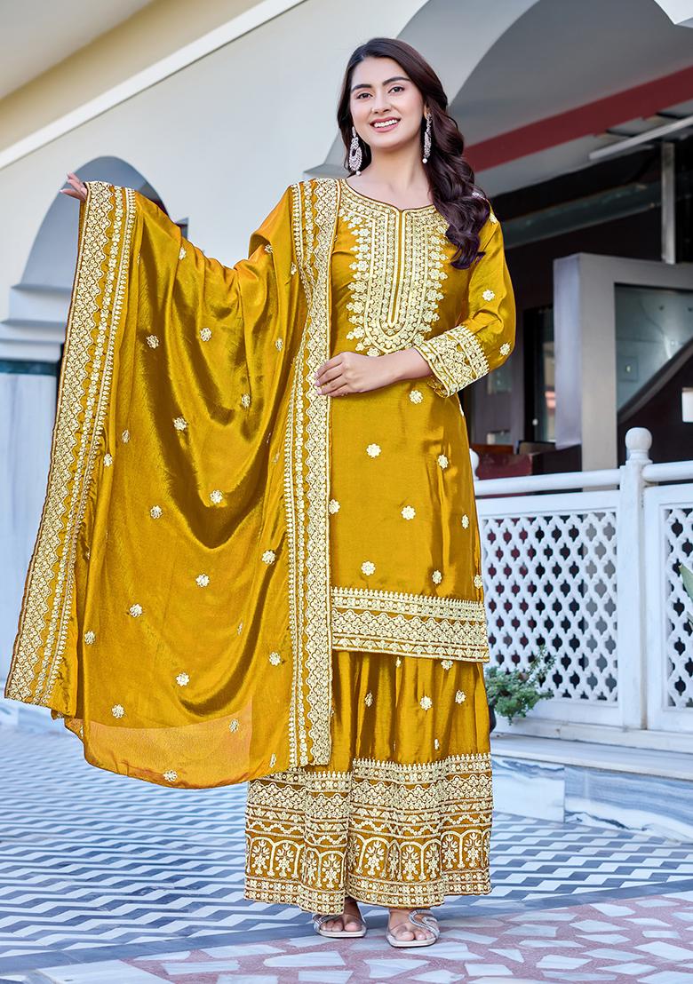 Yellow Thread Work Chinon Kurta Set - Indya