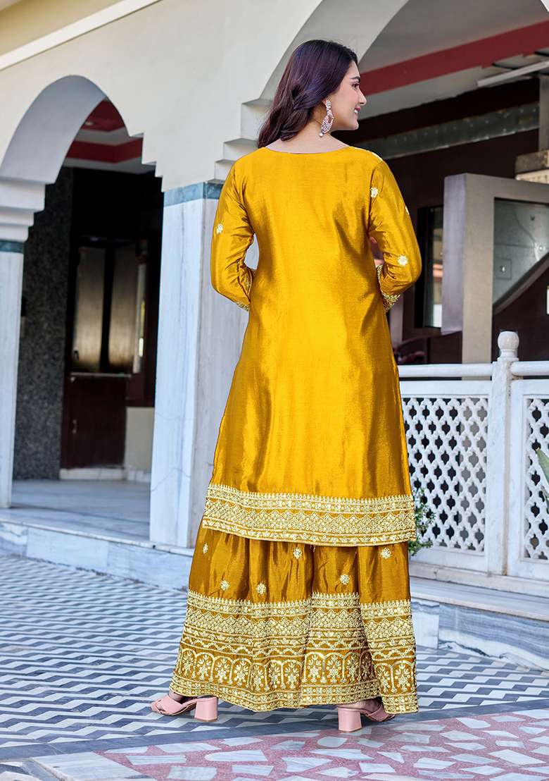 Yellow Embroidered Chinon Sharara Set - Indya
