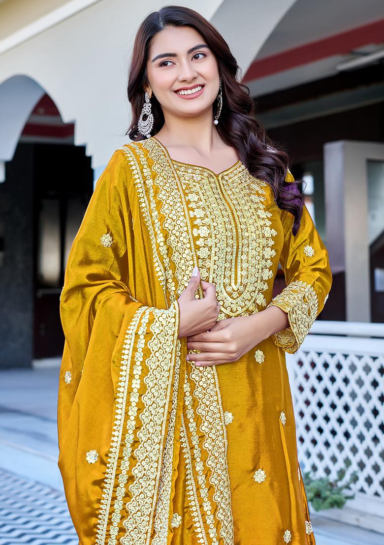 Yellow Thread Work Chinon Kurta Set - Indya