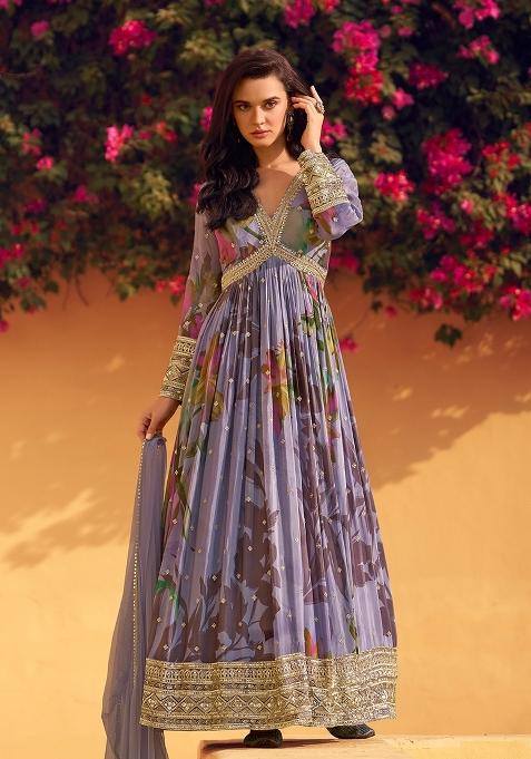 Purple Embroidery Chinon Pakistani Suit With Dupatta