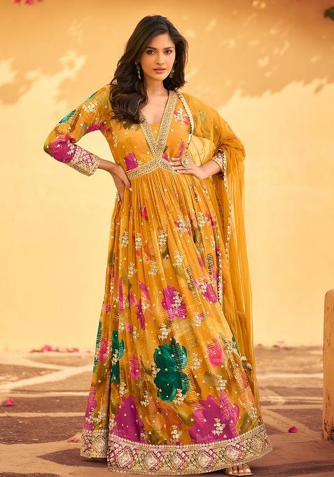 Yellow Embroidery Chinon Pakistani Suit With Dupatta