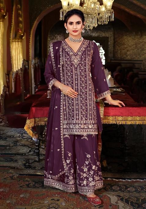 Purple Embroidery Chinon Pakistani Suit Set