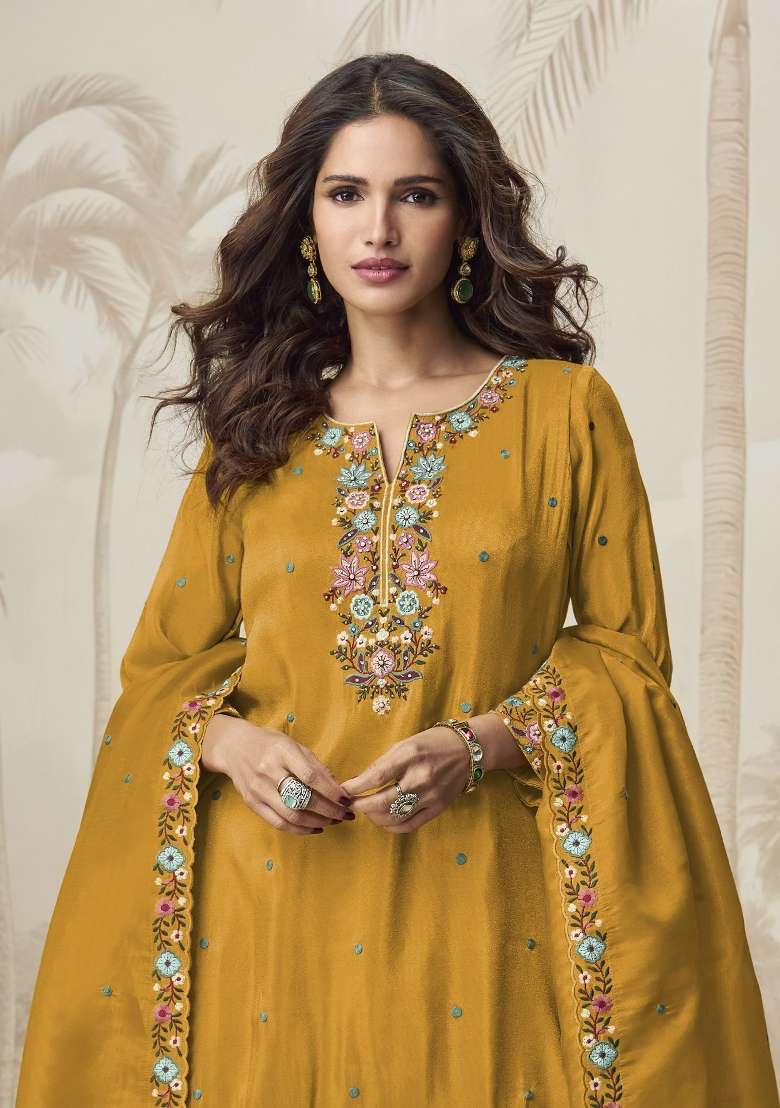 Yellow Embroidery Shimmer Pakistani Suit Set - Indya