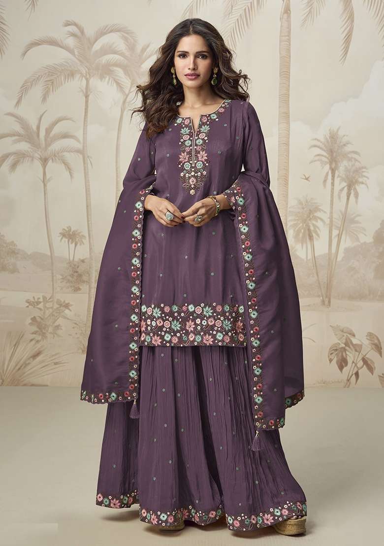 Wine Embroidery Shimmer Pakistani Suit Set - Indya