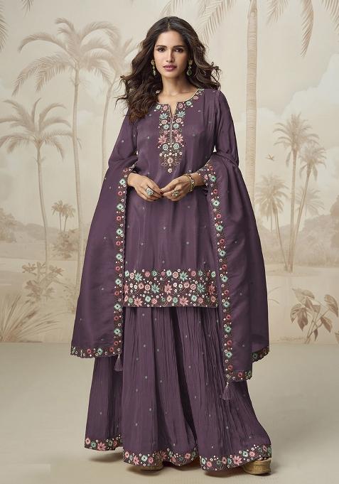 Wine Embroidery Shimmer Pakistani Suit Set