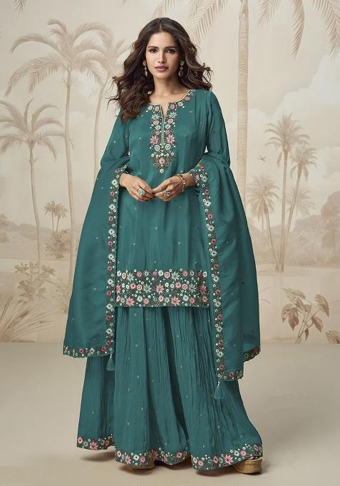 Aqua Green Embroidery Shimmer Pakistani Suit Set