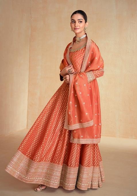 Orange Embroidery Jacquard Pakistani Suit With Dupatta