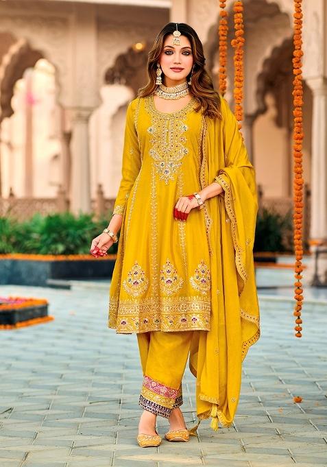 Yellow Embroidery Chinon Pakistani Suit Set