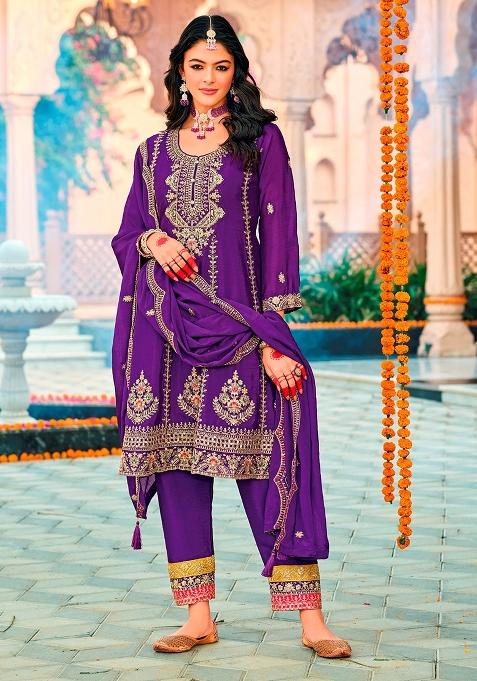 Purple Embroidery Chinon Pakistani Suit Set