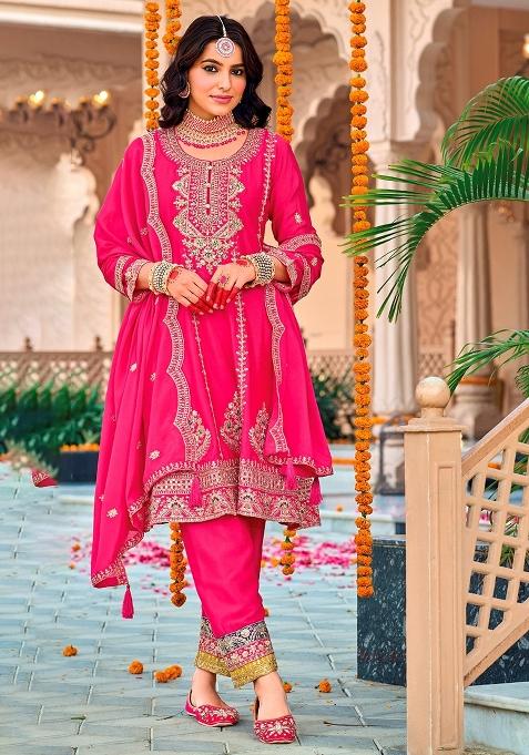 Pink Embroidery Chinon Pakistani Suit Set