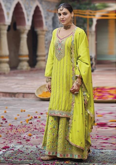 Lemon Green Embroidery Chinon Pakistani Suit Set