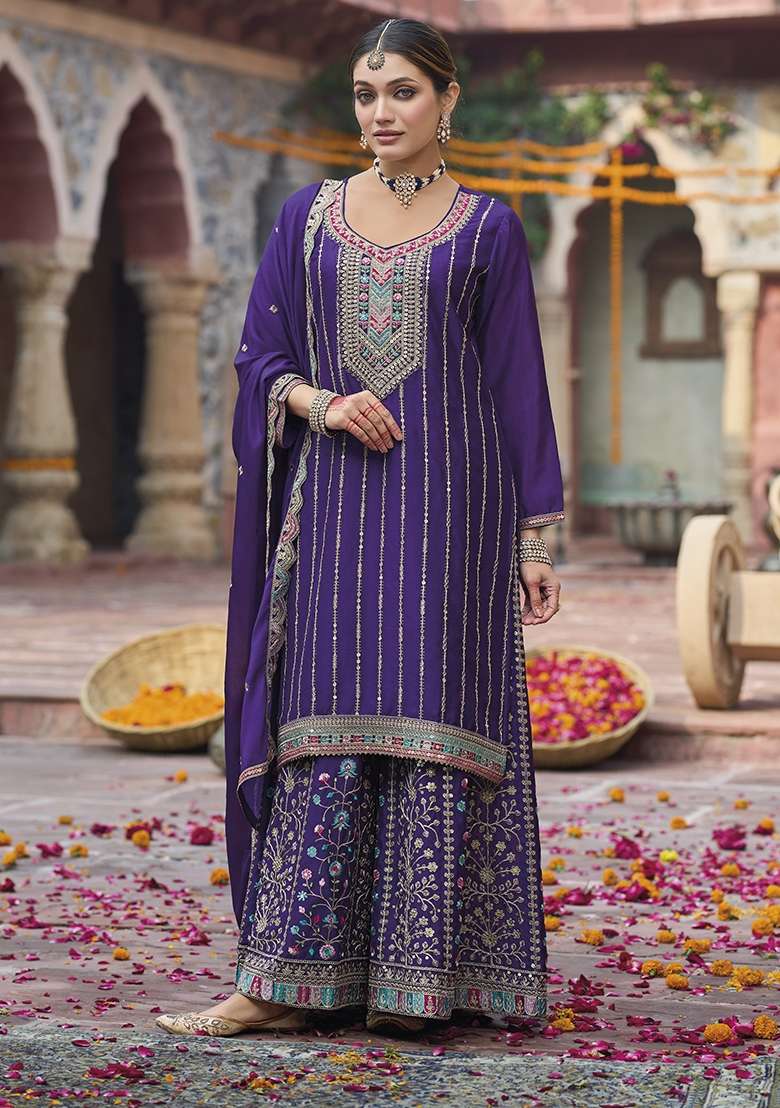 Purple Embroidery Chinon Pakistani Suit Set - Indya